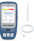 APOWER Geiger counter handheld radiation detector in blue with LCD display; includes USB cable and lanyard (front view).