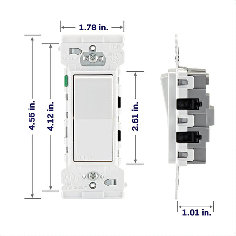 Lever Edge 15 Amp Single Pole Rocker Switch 10 Pack White Model E5601 MW with dimensions and fast wire insertion features