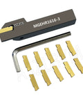 Front view of ASZLBYM MGEHR1616-3 lathe grooving tool holder with 11 MGMN300-M indexable carbide inserts and hex key