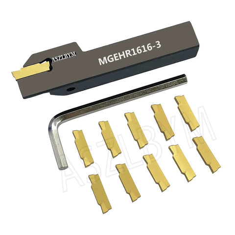 Front view of ASZLBYM MGEHR1616-3 lathe grooving tool holder with 11 MGMN300-M indexable carbide inserts and hex key