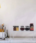 Set Of 2 Large White Cabinet Storage Shelf Racks For Kitchen Pantry Refrigerator And Bathroom Cupboard Hella Spacious Declutter Organizer To Keep Counters Straight Up Neat displaying spice jars and condiments on a counter.