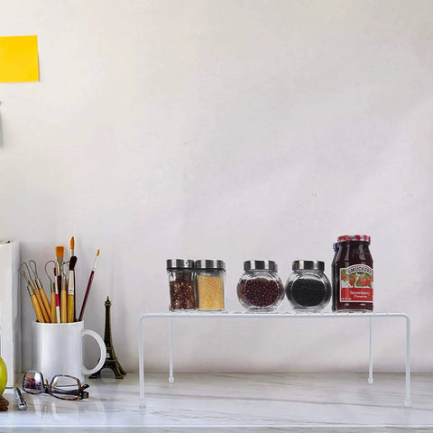 Set Of 2 Large White Cabinet Storage Shelf Racks For Kitchen Pantry Refrigerator And Bathroom Cupboard Hella Spacious Declutter Organizer To Keep Counters Straight Up Neat displaying spice jars and condiments on a counter.