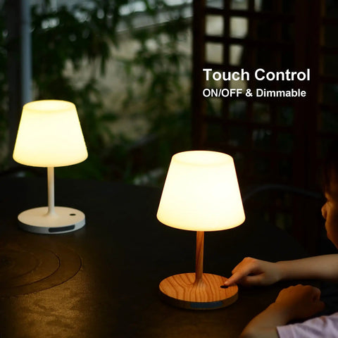 Cordless USB Rechargeable Table Lamp With 4000mAh Battery, 2700K Warm LED, touch dimmable, on a patio dining table