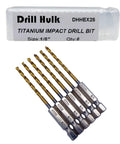 Pack of 6 1/8-Inch Titanium Nitride Coated Drill Bits With 1/4 Inch Hex Shank, M2 High Speed Steel, in plastic case