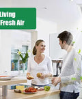 Couple in kitchen with Spring Loaded Bathroom Exhaust Fan Cover showing healthy living benefits, fresh air with ceiling fan installed.