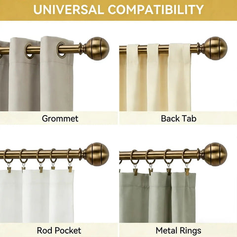 Brass Curtain Rods For Windows 30 To 88 Inch Adjustable Built Tough Metal 1 Inch Pipe Drapery Rods with different hanging styles