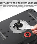 Heavy Duty Universal Router Lift System Aluminum Insert Plate showing easy above-the-table bit change with wrench for 3.5 inch motors.