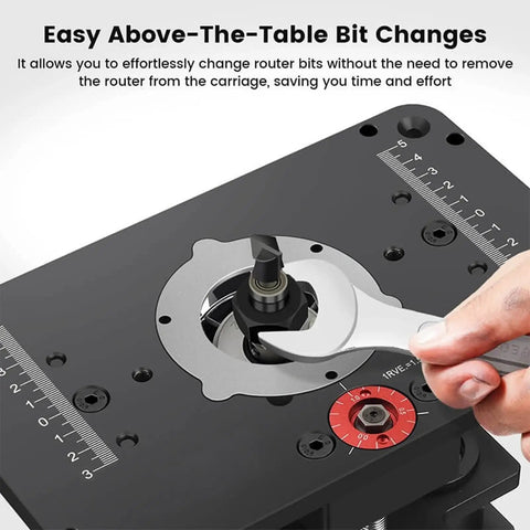 Heavy Duty Universal Router Lift System Aluminum Insert Plate showing easy above-the-table bit change with wrench for 3.5 inch motors.