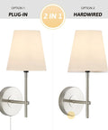 1 Light Wall Sconce With Plug In Or Hardwired Install In Brushed Nickel Finish White Alabaster Fabric Shade Vanity Light