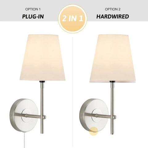 1 Light Wall Sconce With Plug In Or Hardwired Install In Brushed Nickel Finish White Alabaster Fabric Shade Vanity Light