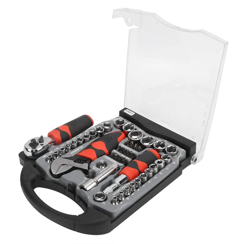 45 Piece Socket Wrench Set With Ratchet And Screwdriver Bits Multipurpose Tool Kit In Chrome Vanadium Steel with storage box
