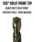 Close-up of Cobalt Aircraft Extension Drill Bit 9/32 Inch By 6 Inch Pack Of 12 With Beefy 135 Degree Split Point for stability.