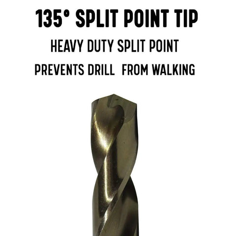 Close-up of Cobalt Aircraft Extension Drill Bit 9/32 Inch By 6 Inch Pack Of 12 With Beefy 135 Degree Split Point for stability.