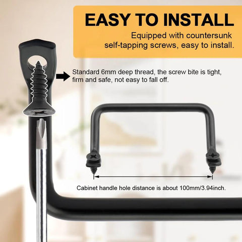 Close-up of Matte Black 4 Inch Cabinet Pull with screws, showing easy installation for cabinets, doors, drawers, cutting boards.