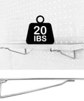 Heavy Duty Pegboard Hooks Kit Ten Pack Eight Inch Silver Pegboard Brackets One Quarter Inch Pegboard Organizer Accessories For Garage Craft Room Workshop And Workbench Tool Storage holding 20 lbs weight on a shelf