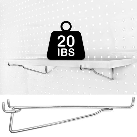 Heavy Duty Pegboard Hooks Kit Ten Pack Eight Inch Silver Pegboard Brackets One Quarter Inch Pegboard Organizer Accessories For Garage Craft Room Workshop And Workbench Tool Storage holding 20 lbs weight on a shelf
