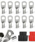 All In One Marine Grade Wire Terminal Kit With Ten 6 AWG Three Eighths Inch Tin Plated Copper Ring Terminals And Ten Pieces Of Three To One Double Wall Self Adhesive Heat Shrink Tubing In Five Red And Five Black Heavy Duty Cable Lugs shown