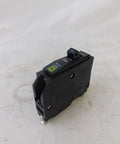 QO115 1 Pole 15 Amp Circuit Breaker For 120/240 Volt Panels, black plastic, side view