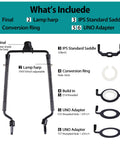 Diagram showing components of Go To Adjustable Lamp Shade Harp Holder Kit For 7 To 10 Inch Lampshades, including adapters and frame.