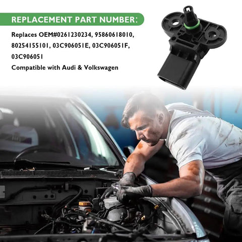Mechanic installing Map Sensor Replacement For Audi A4 A5 A6 And VW Golf Passat With OEM 0261230234 engine part