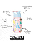 Disney Princess 14oz Kids Water Bottle With Straw Lid, insulated stainless steel tumbler, pink with princess design, BPA free