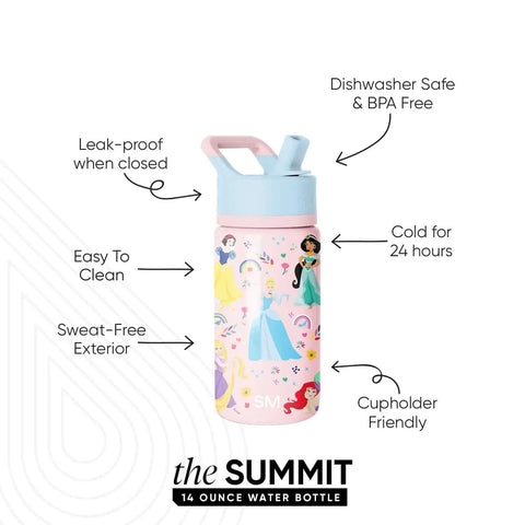Disney Princess 14oz Kids Water Bottle With Straw Lid, insulated stainless steel tumbler, pink with princess design, BPA free