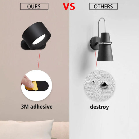 Comparison of Rechargeable Magnetic LED Reading Light Wall Sconce with 3M adhesive and other models with wall damage