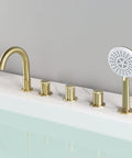 Brushed Gold Five Hole Roman Tub Faucet With Sprayer Deck Mount Tub Filler Set Five Piece Bath Tub Faucet Three Handle Deck Mount