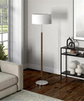 Two Light Floor Lamp With Linen Drum Shade In Rustic Oak And Polished Nickel Finish Tall 61 Inch Stand For Living Room Bedroom Or Home Office