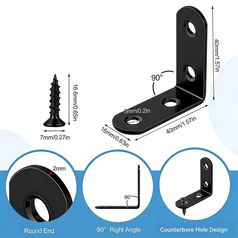 20 Pieces Stainless Steel L Right Angle Brackets With 1.57 By 1.57 Inch Sides Includes 80 Screws, black coated