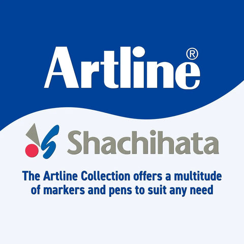 Artline and Shachihata brand logo featuring slogan about marker collection variety