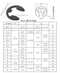 160 Piece E Clip Retaining Ring Snap Ring Kit with 2mm to 12mm sizes chart and black oxide finish clip on white background
