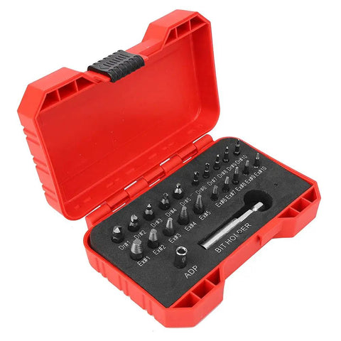 Kick Some Ass With This High Speed Steel Nan Screw Removal Drill Bit Set, A Total Game Changer For DIYers Fixing Stripped Bolts And Broken Fasteners In Your Garage Or Home Workshop Without Any Drama Or Stress.. red HSS screw extractor set with bit holder and adapter in case