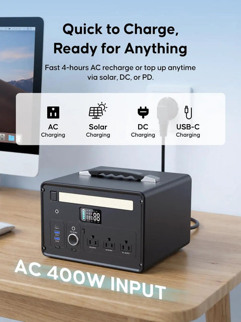 Rugged Portable Power Station Delivering A Solid 1000W Output Loaded With 1008Wh LiFePO4 Cells And A Quick 140W Usb C Port Across Eight Outputs To Keep Your Rig Running Smooth And Your Weekend Vibes Top Notch While Off Grid on a desk with AC and USB ports.