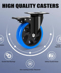Front view of Humagineer 5-inch caster wheel with blue wheel, black housing, mounting plate and brake