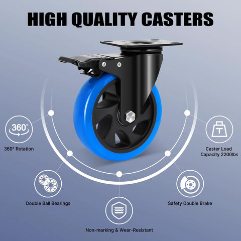 Front view of Humagineer 5-inch caster wheel with blue wheel, black housing, mounting plate and brake