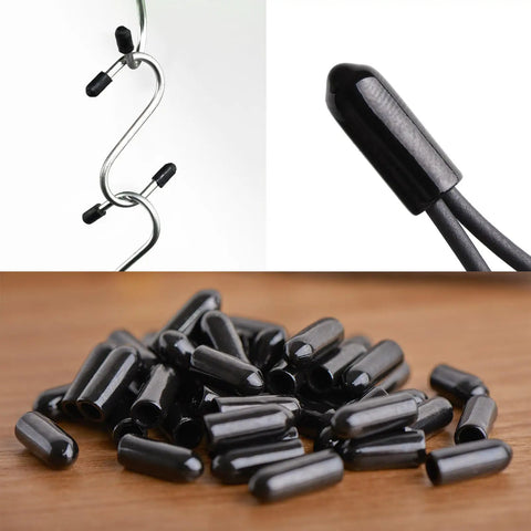 Heat Shrink End Cap Kit 10 Pack 45mm ID By 60mm Length 1.3 To 1 Ratio Lined With Adhesive Sealed Waterproof For Outdoor And Underground Electrical Wires And Cables Black, showing end caps on wires and loose pile