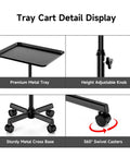 Tray cart detail display showing premium metal tray, height adjustable knob, sturdy base, and 360° swivel casters.