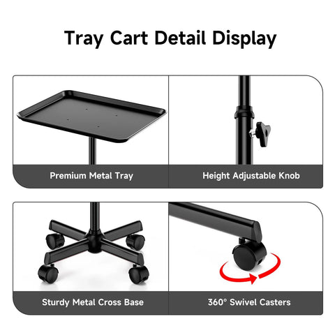 Tray cart detail display showing premium metal tray, height adjustable knob, sturdy base, and 360° swivel casters.