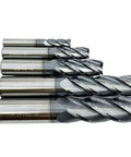 Side view of five carbide square-end mills, AlTiN-coated, 4-flute, 1/4 to 3/4 in set