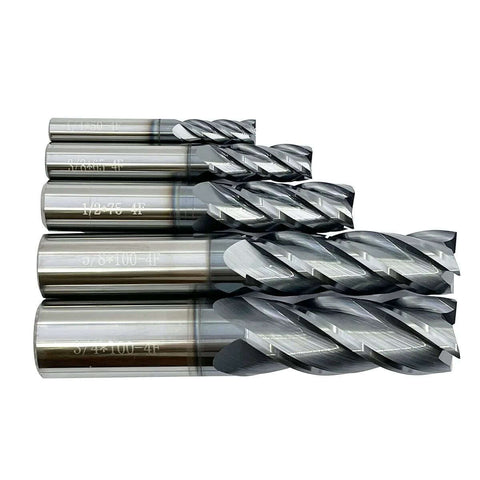 Side view of five carbide square-end mills, AlTiN-coated, 4-flute, 1/4 to 3/4 in set
