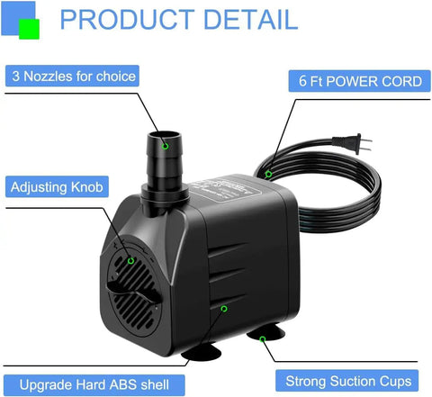Image of Ultra Quiet 400 GPH Submersible Fountain Pump with six feet power cord, adjustable knob, ABS shell, and suction cups.