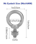 Front view of the 10 Pack M6 Eye Bolts With Nuts Stainless Steel 304 Beefy Heavy Duty Eyebolts For Lifting Rigging And Hanging Projects Closed Loop Eye Bolt With Screw Thread 0.22 Inch 0.55 Inch Shank Ring Shoulder Design showing dimensions.