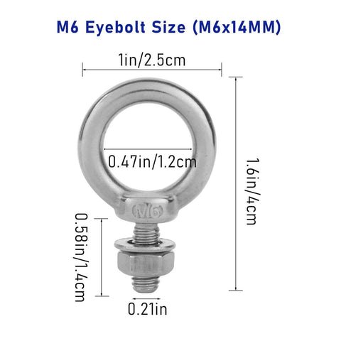 Front view of the 10 Pack M6 Eye Bolts With Nuts Stainless Steel 304 Beefy Heavy Duty Eyebolts For Lifting Rigging And Hanging Projects Closed Loop Eye Bolt With Screw Thread 0.22 Inch 0.55 Inch Shank Ring Shoulder Design showing dimensions.