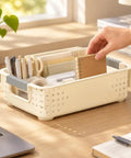 Heavy Duty Plastic Storage Bins With Open Top Design For Zero Stress Home Organization, stackable white bin with office supplies.