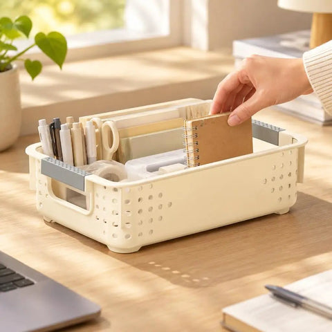 Heavy Duty Plastic Storage Bins With Open Top Design For Zero Stress Home Organization, stackable white bin with office supplies.