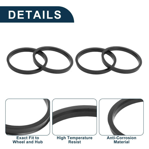 Four Pack Black Polycarbonate Wheel Hub Centric Rings Od 106.1 Mm To Id 95.1 Mm Universal Fit Trucks Svus And Vans view showing three rings with details.