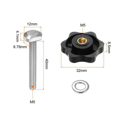 Built Different T Track Bolt And Hex Hand Knobs Kit With Stainless Steel Fasteners And Plastic Brass Insert Nuts For Precision Woodworking Jigs And Workshop Fixtures Black 5 Piece Set features M5 bolt and plastic knob.