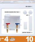 Crimp PEX Washing Machine Outlet Box With Center Drain showing components and labels, 1/2 Inch PEX Inlet To 3/4 Inch MHT Outlet.