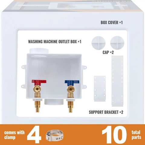 Crimp PEX Washing Machine Outlet Box With Center Drain showing components and labels, 1/2 Inch PEX Inlet To 3/4 Inch MHT Outlet.